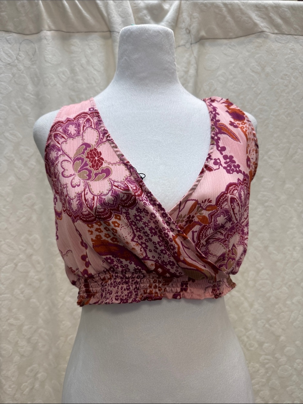 Free People Pink Floral Wrap Crop Top with Purple & Orange Accents